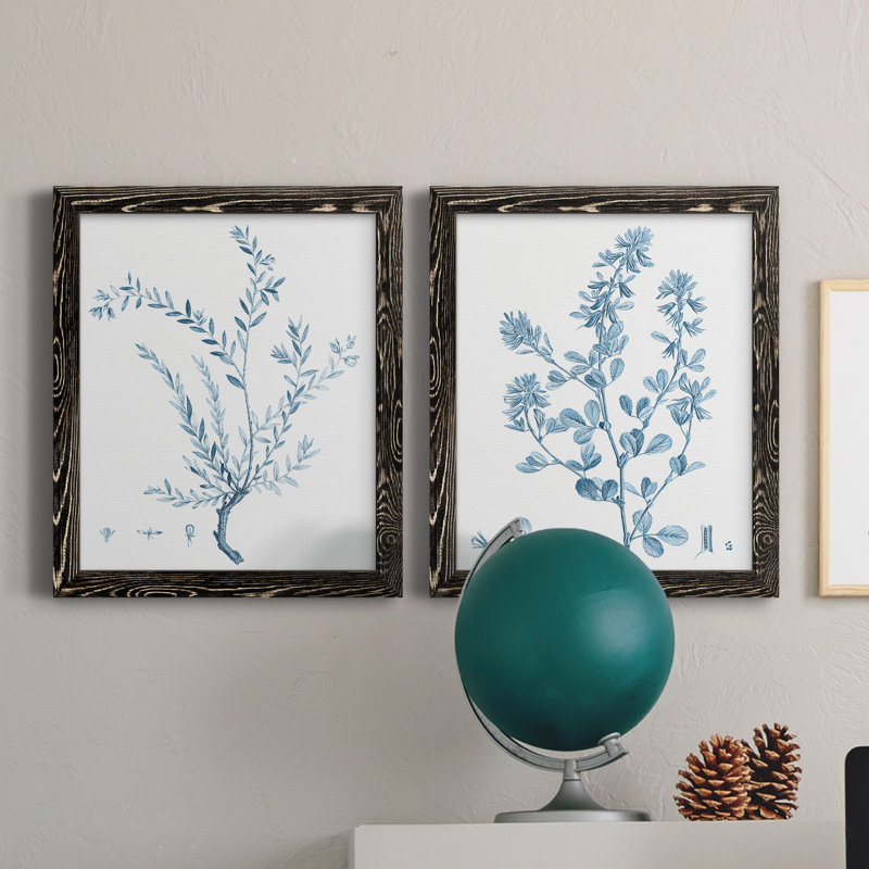 "Antique Botanical In Blue VII", ensemble de 2 peintures sur toile encadrées, H 20 po x l 17 po x P 1 po