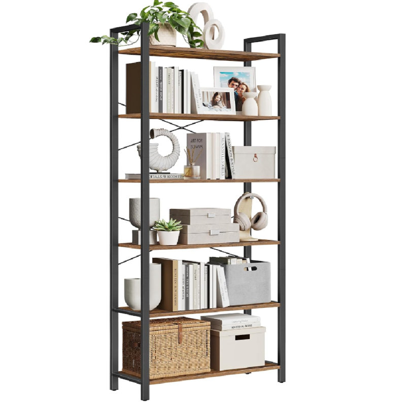 6 Tier Bookcase With Steel Frame, Rustic Brown/Black, 186cm H x 80cm W x 30cm D