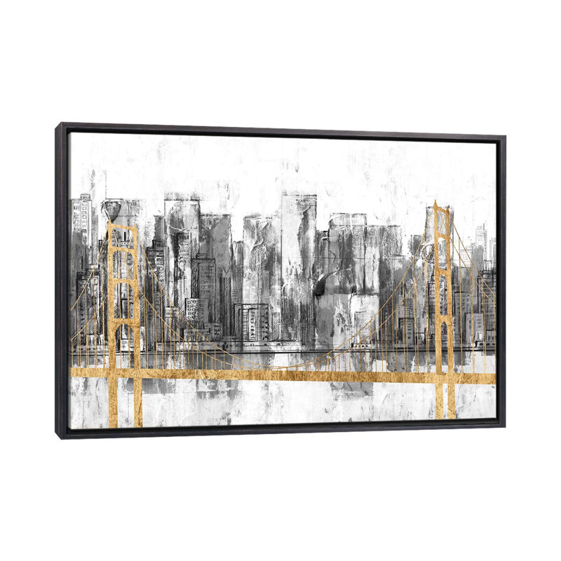 « Golden Bridge panorama » par Jennifer Goldberger-impression, Toile avec cadre noir patiné, H 18 po x l 26 po x P 1,5 po