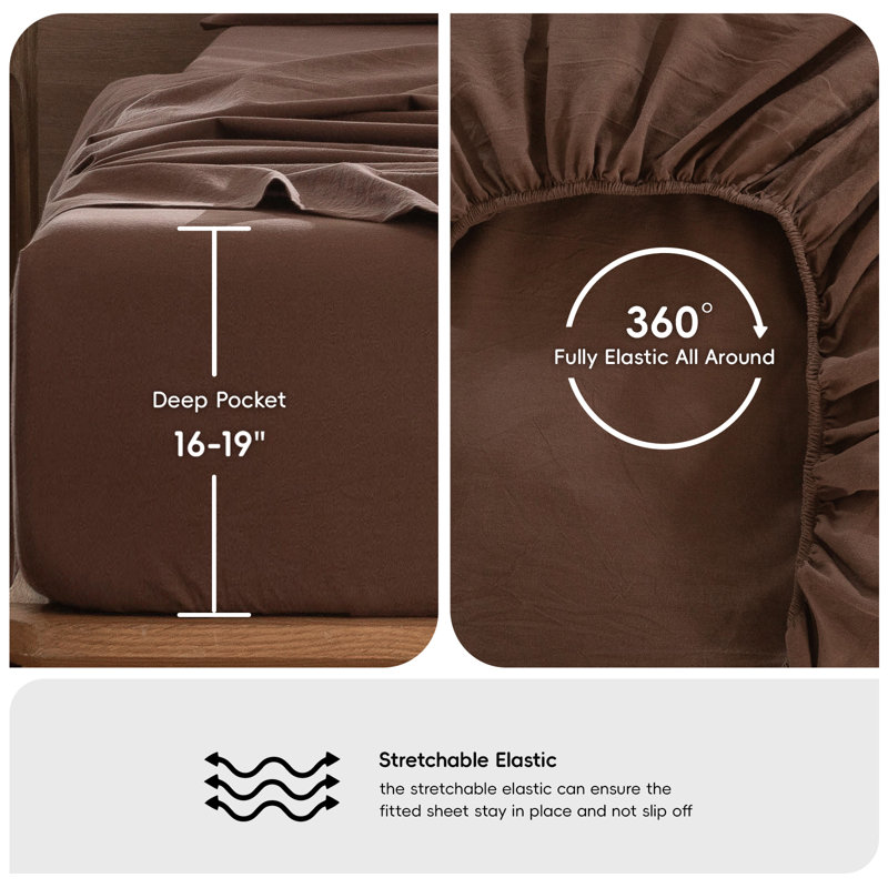 MooMee Sheet Set Extra Deep Pocket 100% Washed Cotton Linen Like Textured Lightweight Breathable, Cocoa Brown