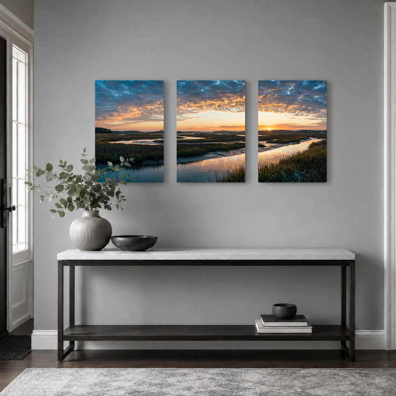Ensemble de 3 tableaux sur toile représentant un coucher de soleil sur les marais, pour la décoration du salon, de la chambre et de la maison.