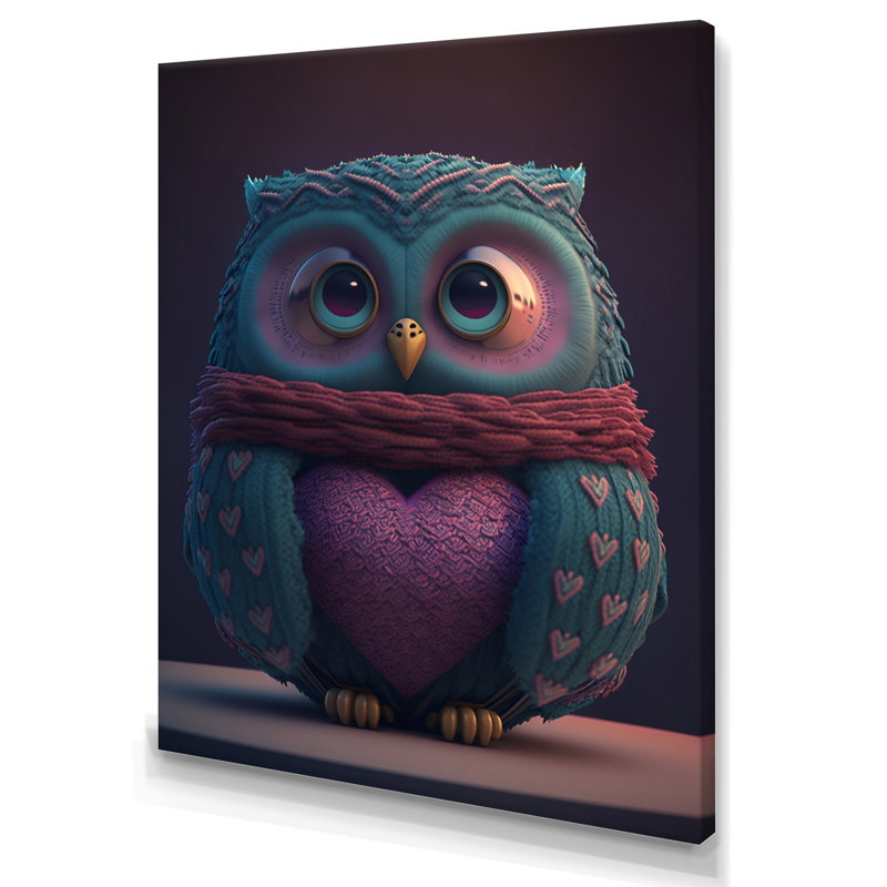Motom hibou mignon tricoté de la Saint-Valentin - impression sur toile, H 32 po x l 16 po x P 1 po, Toile tendue