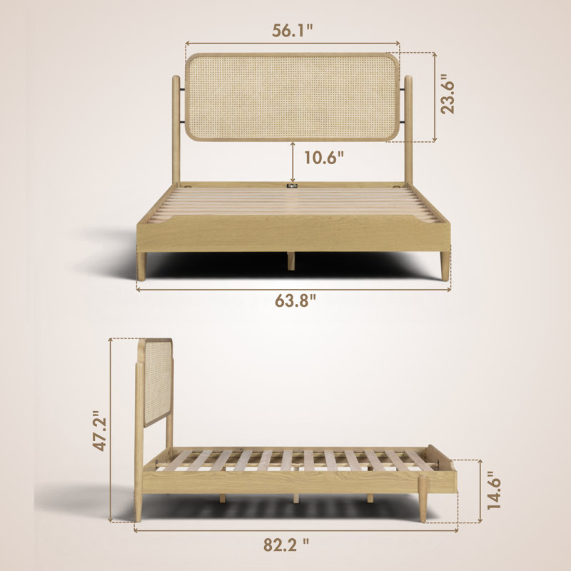 NTC Ariston Queen Platform Bed with Handwoven Natural Rattan Headboard – Oak Veneer, Solid American Oak Legs, Relaxed Luxury Design, Silent Slats, Effortless Assembly, Queen – Light Oak