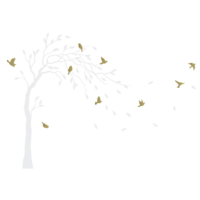 Décalcomanie murale Arbre et oiseaux dans la brise, Blanc / doré