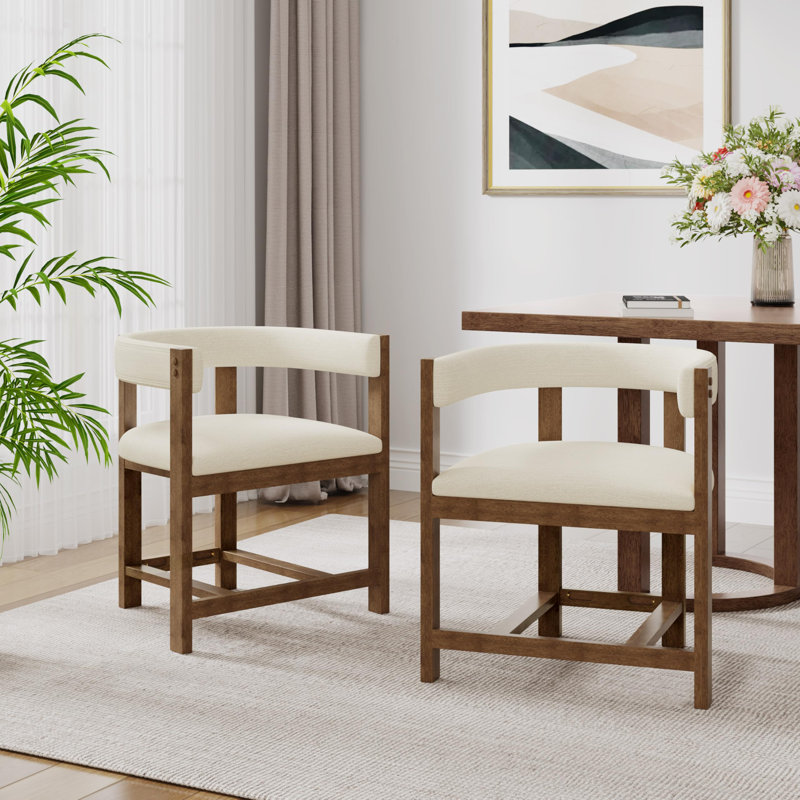 Set Of 2 Modern Fabric Upholstered Dining Armchair, With Ergonomic Backrest And Footrest, Beige And Walnut