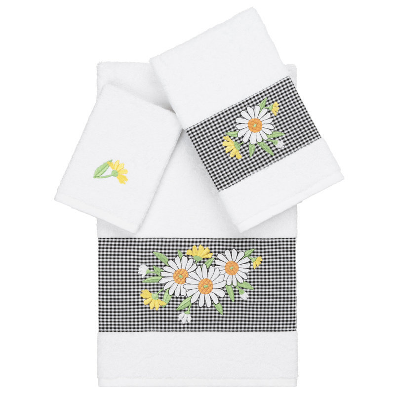 100% Turkish Cotton Daisy Embellished Towel Set, White, 3 Piece Towel Set