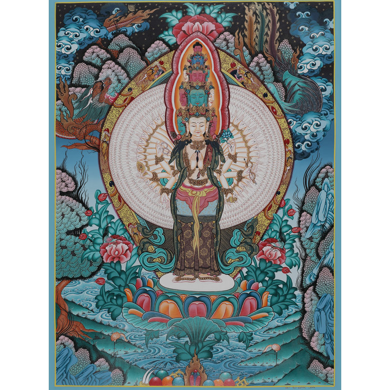 Art mural «Divinité de la Compassion» tibétain peint à la main Avalokiteshvara Thangka de H 23 po x l 17 po avec détails or 24 carats