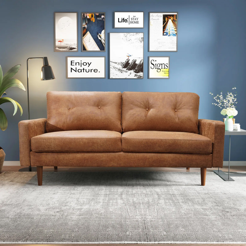 Arbadella 70" Industrial Vintage Upholstered Sofa, Distressed Leather-Look Apartment Couch, Brown Microfiber/Microsuede