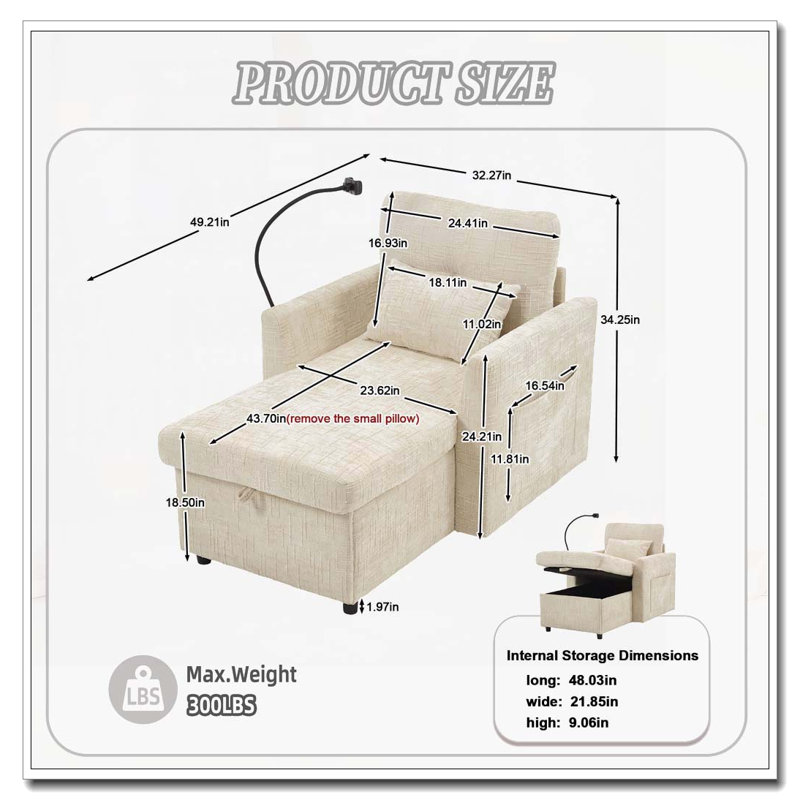 Chaise longue en chenille avec rangement, Beige