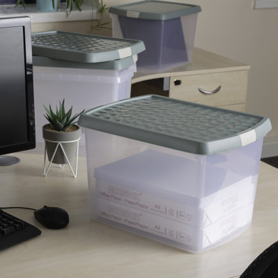 Wham Clip 21.5L Rectangular Plastic Storage Boxes with Secure Clip Lock Lids. L:39 x W:29 x H:25.5cm
