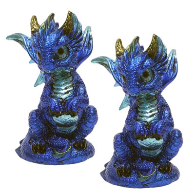 "2-PC Set" ICE ARMOR 3.25"H Blue Dragon with Glass Eyes Figurine Statue Sculpture Ornament Decoration Home/Room Decor and Perfect Gift Ideas for Housewarming, Holidays and Birthdays Great Collectible Addition