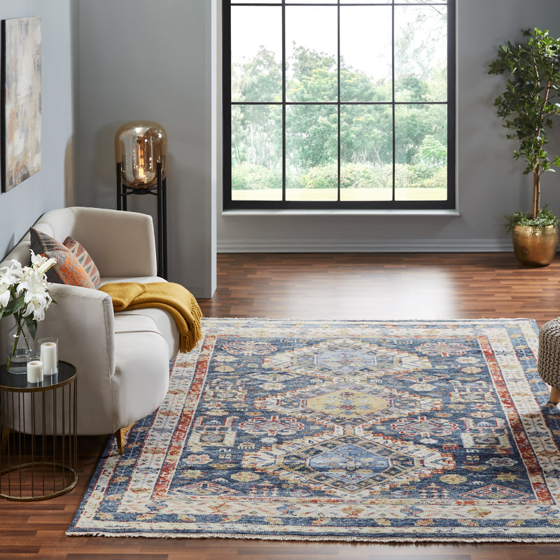 Pepa Hand Knotted Wool Area Rug, Rectangle 12' x 15', Blue/Ivory