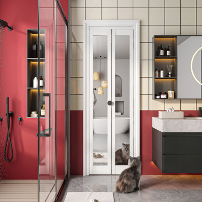 Porte de grange pliante 30 "x 80" (double porte miroir 15 "x 80") avec 1 miroir Lite, portes de placard pliantes, trousse de quincaillerie incluse, PVC, blanc, pour le salon, la salle de bain, la cuisine