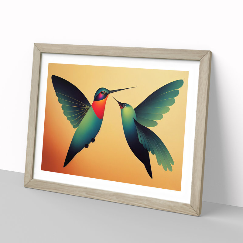 Unique Hummingbirds Abstract - Framed Print, 46cm H x 64cm W x 2cm D, Oak