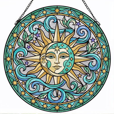 Sun Moon Stained Glass Window Panel，12"H