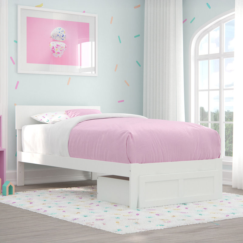 Lit plateforme avec rangement en bois massif Farrah, Blanc, Simple