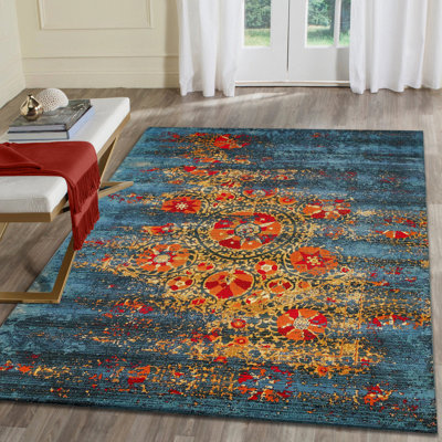 Tapis oriental bleu tissé à plat Kowalczyk