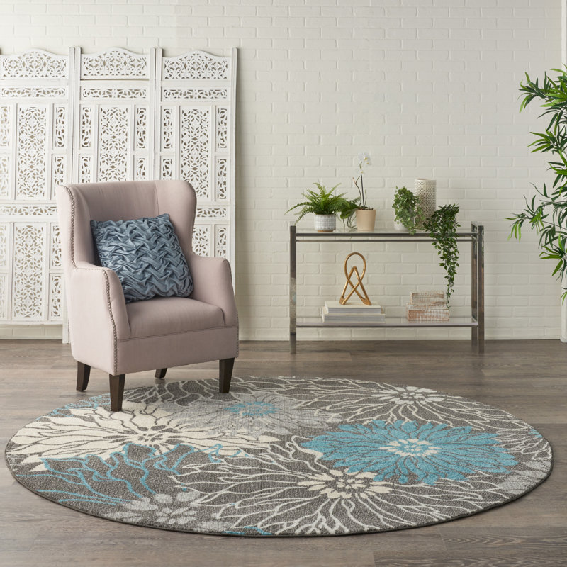 Gehl Floral Ivory/Gray/Turquoise Area Rug, Round 8'