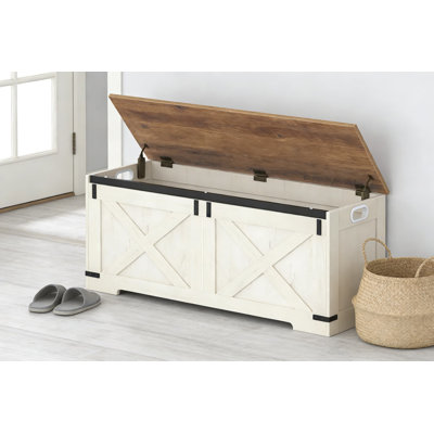 Banc de rangement Farmhouse avec couvercle relevable, grand coffre de rangement pour le salon, la chambre à coucher et le couloir, coffre de rangement en bois blanc et brun