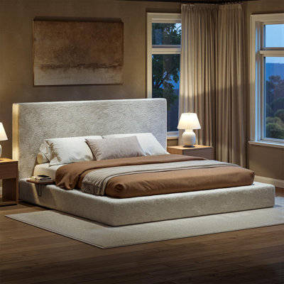 Structure de lit tapissier blanc très grand avec tête de lit, lit de nuage à structure souple avec table de chevet réglable 2 pour la chambre à coucher, aucun sommier requis
