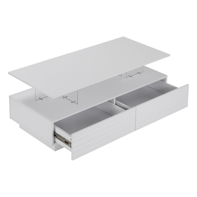 Modern White Led Lights Coffee Table With 2 Storage Drawers - 47.2" Long Rectangular And Energy, White