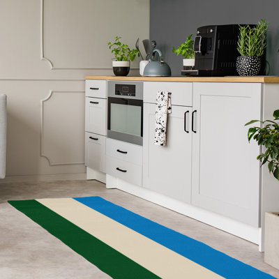 Tapis à rayures vert/crème/bleu