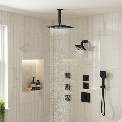 Système de douche thermostatique 12 "avec deux pommes de douche, barre coulissante réglable et jets pour le corps 12"