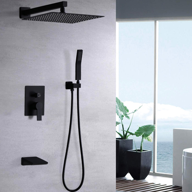 Pomme de douche à effet de pluie 10 po et robinet de salle de bain équilibré - noir mat, fixation murale noire avec valve de 10 po