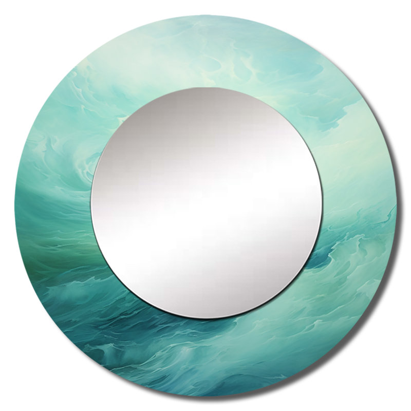 Teal tempête et vague expression - miroir décoratif vagues, miroir mural rond côtier, impression d'art en métal