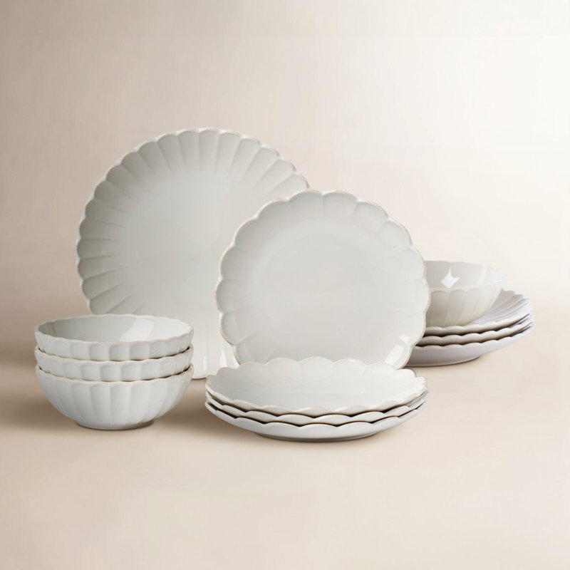 French Perle Scallop White Scallop 12 Piece Dinnerware Set, Service for 4