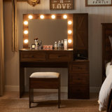 Narvis 43" Makeup Vanity Desk with LED Lighted Mirror & Power Outlet & 5 Drawers, Vanity Set with Stool