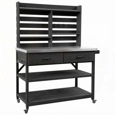 64.9" Outdoor Garden Potting Bench, Solid Wood Kitchen Island With Stainless Steel Top, Hutch, Storage, Towel Rack & Locking Wheels – Black