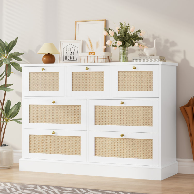 Joellen 44.5″ W 7-Drawer Rattan Wood Storage Chest – Modern & Mid-Century Style, White/Gold
