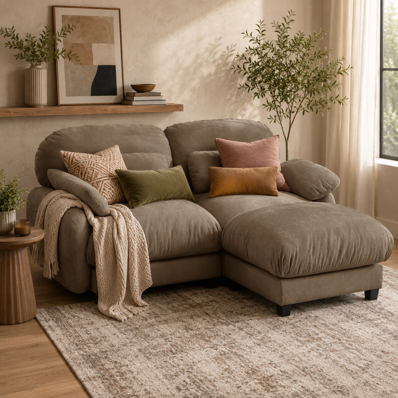 Canapé d'angle modulaire Elarquess Cloud pour 2 personnes avec pouf amovible, assise profonde en chenille, coussins en mousse haute densité et ressorts, 2 petits coussins lombaires