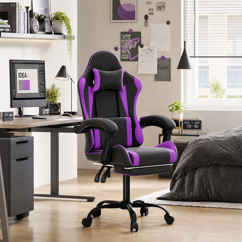 PU Leather Adjustable Gaming Chair, Ergonomic Desk Computer Chair with Headrest, Footrest and Lumbar Support, Purple