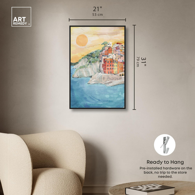 «Colorful Town by the Sea», reproduction sur toile tendance par Art Remedy, H 31 po x l 21 po, Cadre flottant noir