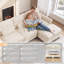 Canapé d'angle en chenille beige de 250 cm, pouf, coussin à volants et accoudoirs arrondis-1870905133