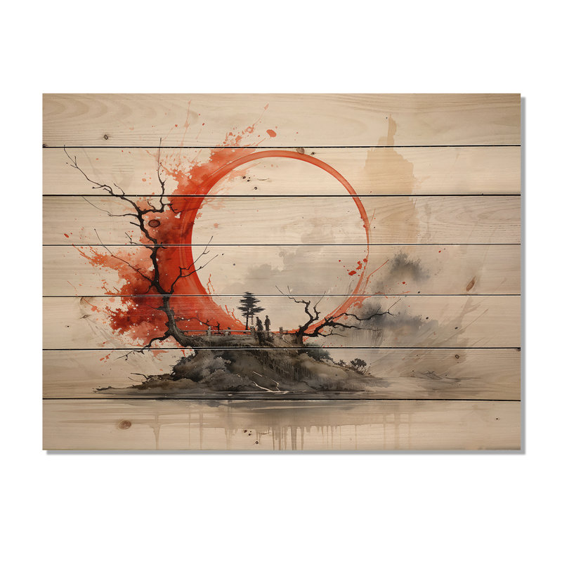 «Jehiah», art bouddhiste rouge et gris sur bois, impression sur bois, H 24 po x l 32 po x P 0,78 po