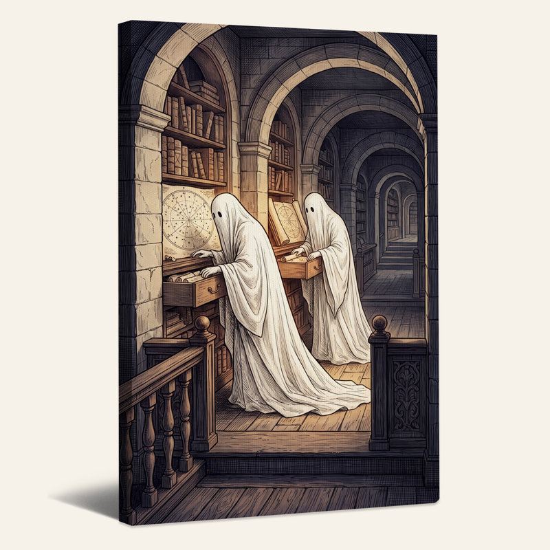 Fantômes en drap blanc dans une bibliothèque de pierre - Toile murale d'Halloween, 40"H x 28"W