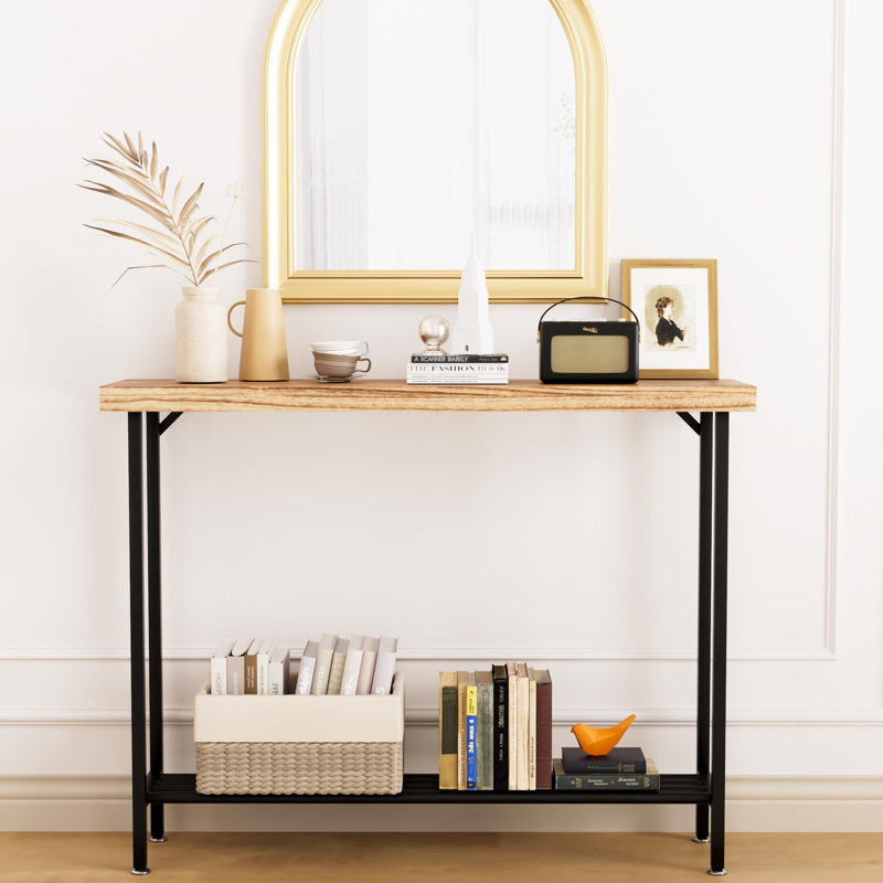 Rustic Brown Solid Wood Console Table with Black Metal Frame and Storage