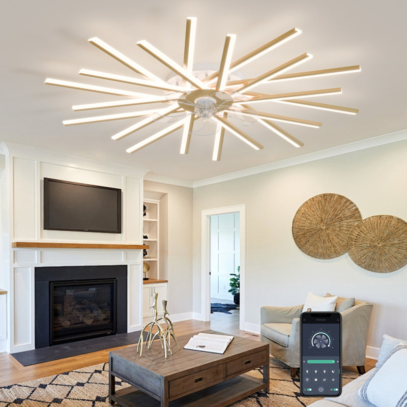 Ventilateur de plafond réversible à intensité variable de 44,9 po avec lumières DEL et télécommande Hanke, Doré, null