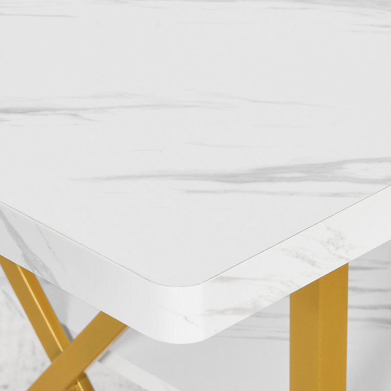 Vondie 47" Metal Base Rectangle Dining Table, Kitchen Table With Storage Shelf For 4 People, White/Gold
