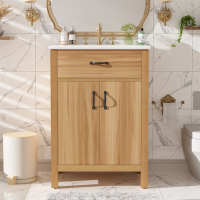 Meuble-lavabo simple en bois 24 po avec cadre en bois massif, 2 portes à fermeture douce, 1 tiroir rabattable, tablette réglable, armoire de rangement moderne