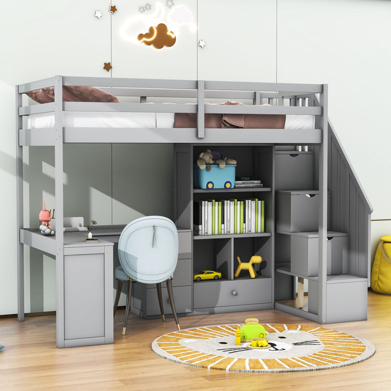 Halchak Kids Twin Loft Bed with Drawers, Gray