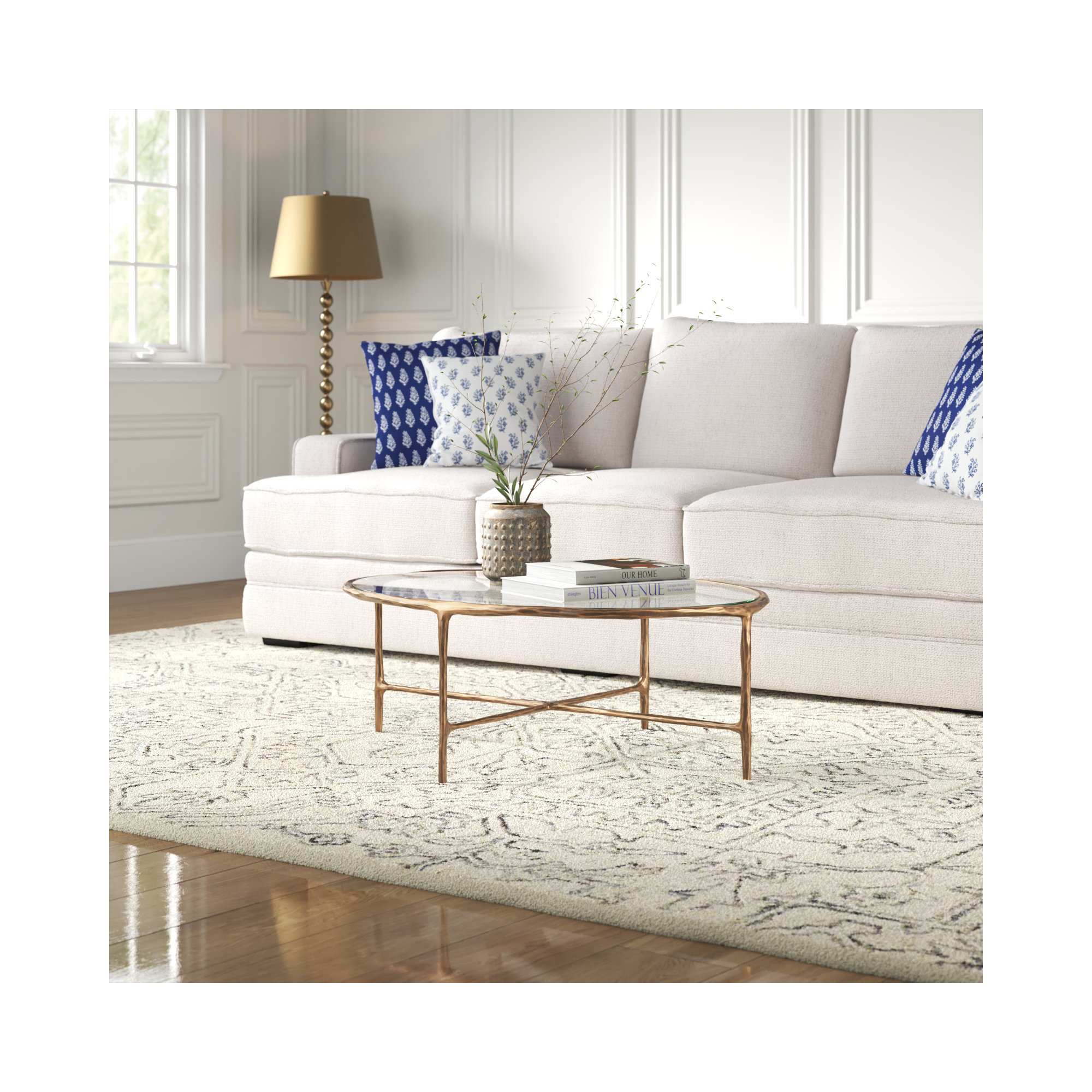 Evelynn Coffee Table, White Marble, Brass