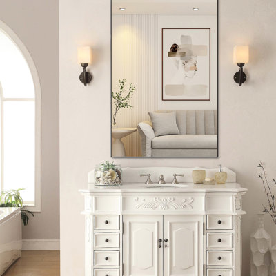 Miroir de salle de bain 48 "x 32" moderne avec cadre noir - Pratique pour différentes pièces comme la salle de bain, la chambre à coucher, le salon, le vestiaire, la salle rectangulaire en aluminium