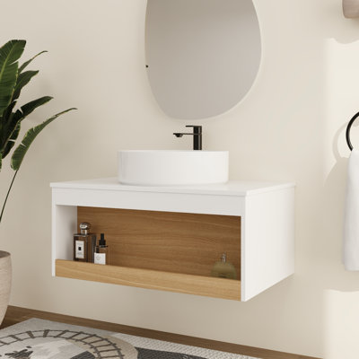 Meuble-lavabo mural moderne 30 po avec lavabo en céramique, tablette ouverte