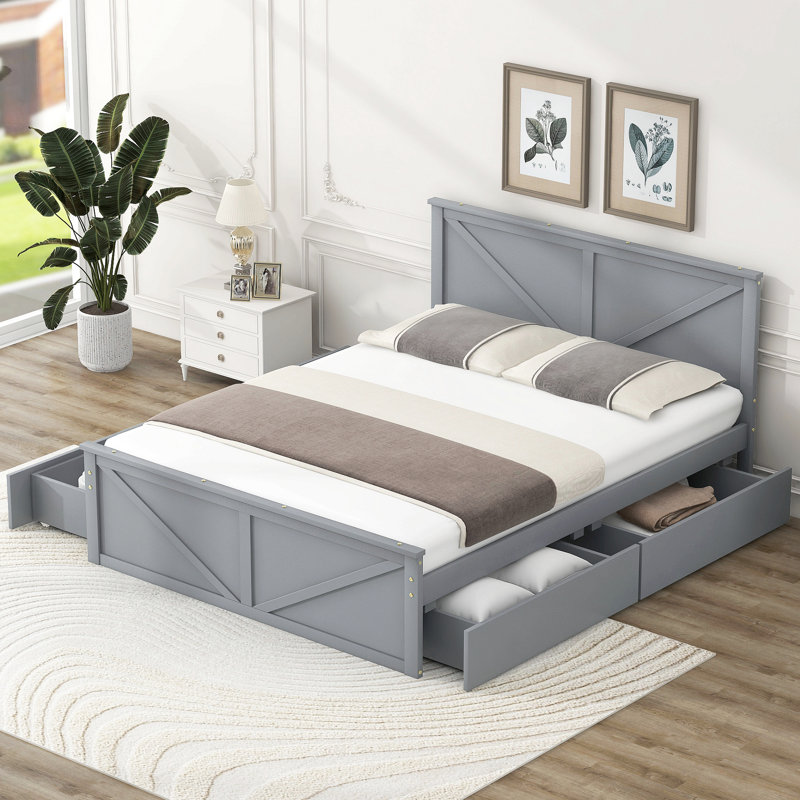 Lit plateforme en bois avec quatre tiroirs de rangement et pieds de soutien, Gris, Grand lit