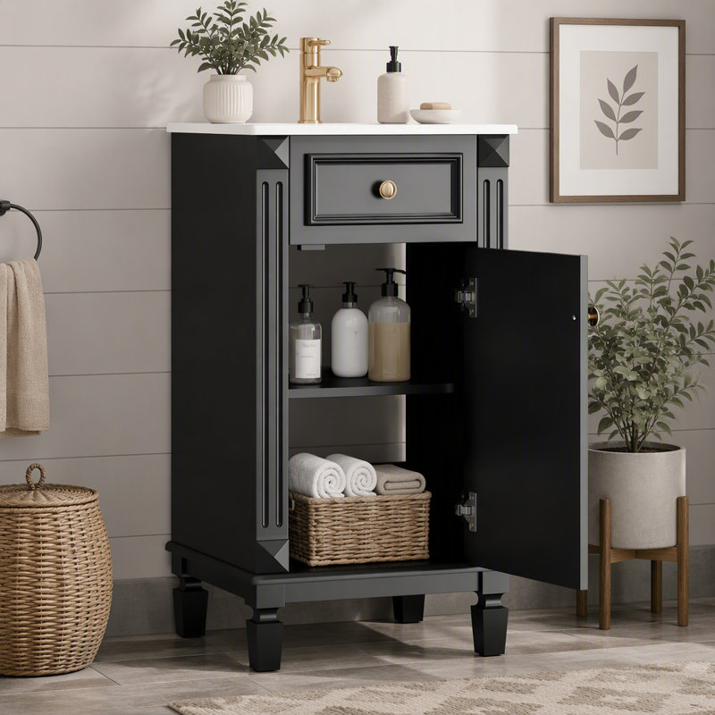 Meuble-lavabo de style français de 45,7 cm (18 pouces) avec porte à fermeture en douceur, Noir, Doré