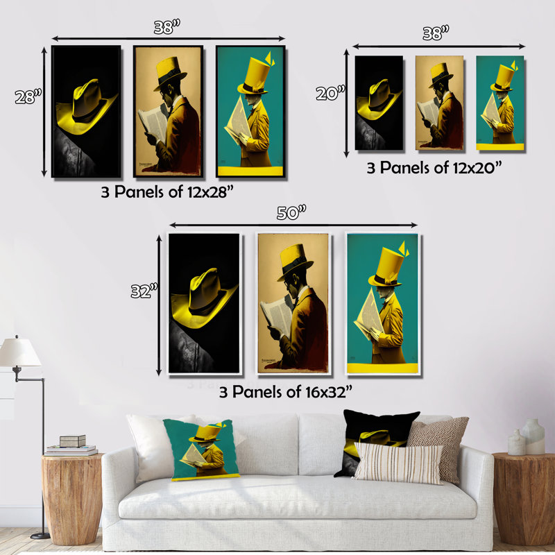«Retro Yellow Hat On Black», 3 pièces, Cadre flottant doré, H 40 po x l 60 po